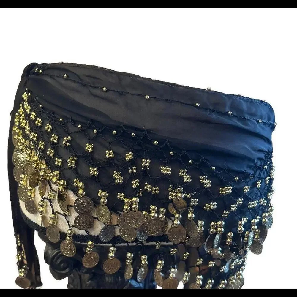 👠🥻🖤 Black Sheer Golden Coins Hip Scarf Belly Dancing Cosplay Fun